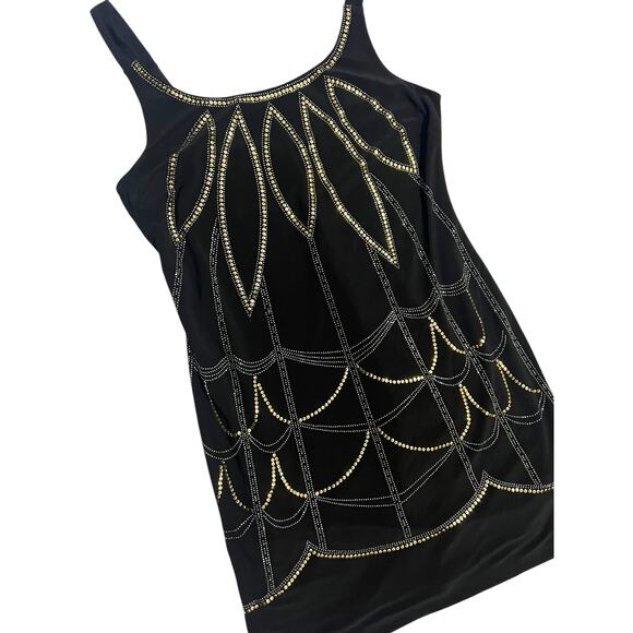 Bisou Bisou Michele Bohbot Sequin Black Stretch Tank Mini Dress Metal Size 10 - Picture 2 of 13